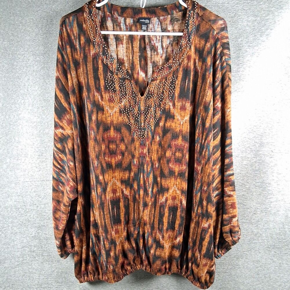 Rafaella Plus Size 2X Beaded Abstract Print Blouse Brown Copper Embellished Top